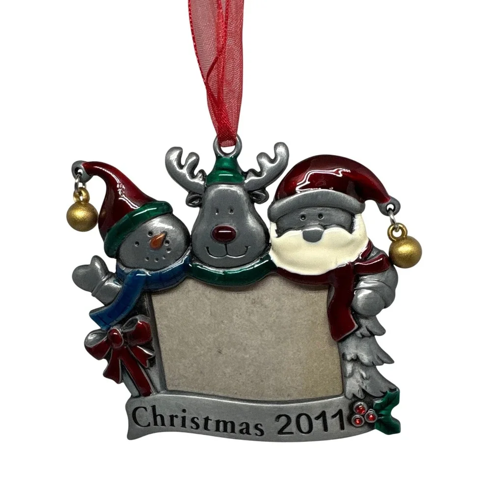 Christmas 2011 Photo Frame Ornament Snowman Reindeer Santa Bells Metal‎
